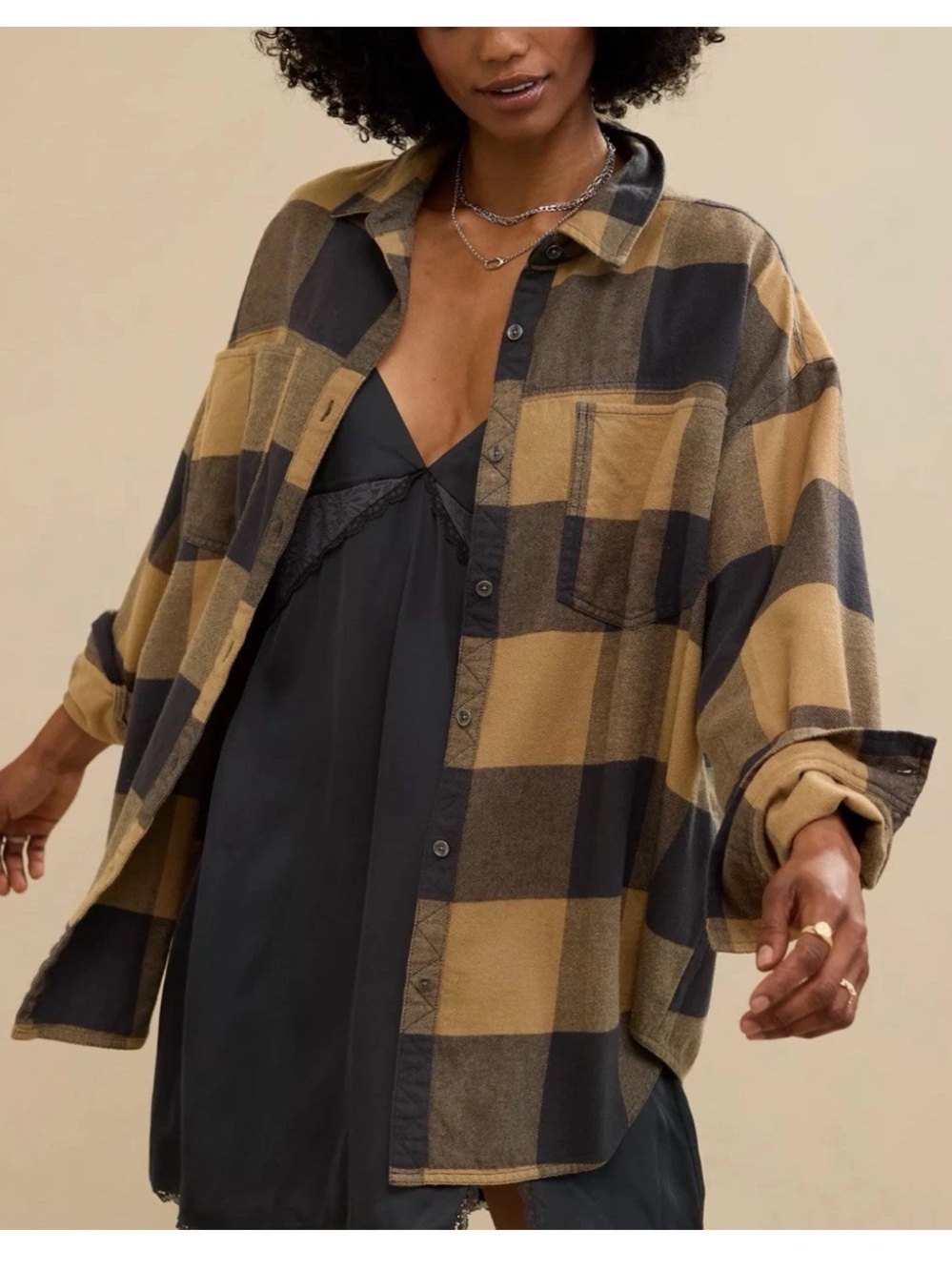 Medium aerie Oversized Plaid Shirt Jacket in Mustard & Charcoal